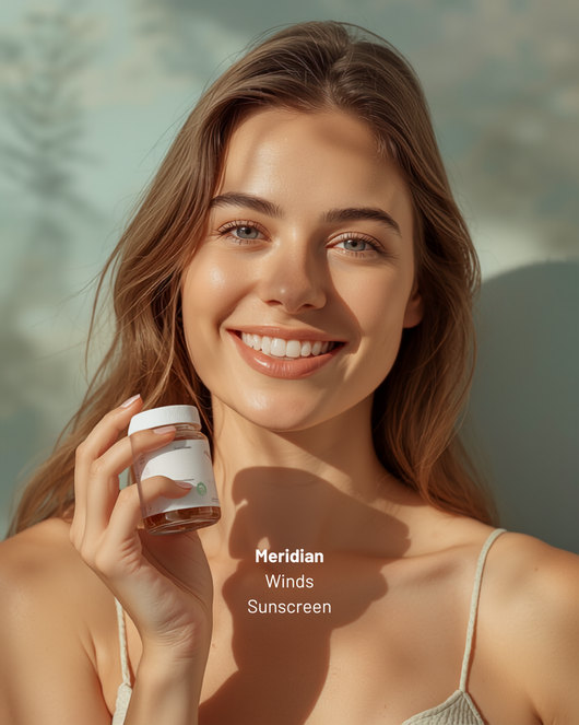 Radiant woman with clear skin holding Meridian sea moss gummies