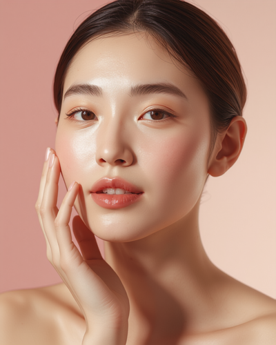 Woman with luminous glass skin close-up — Meridian Pink Glow PDRN result